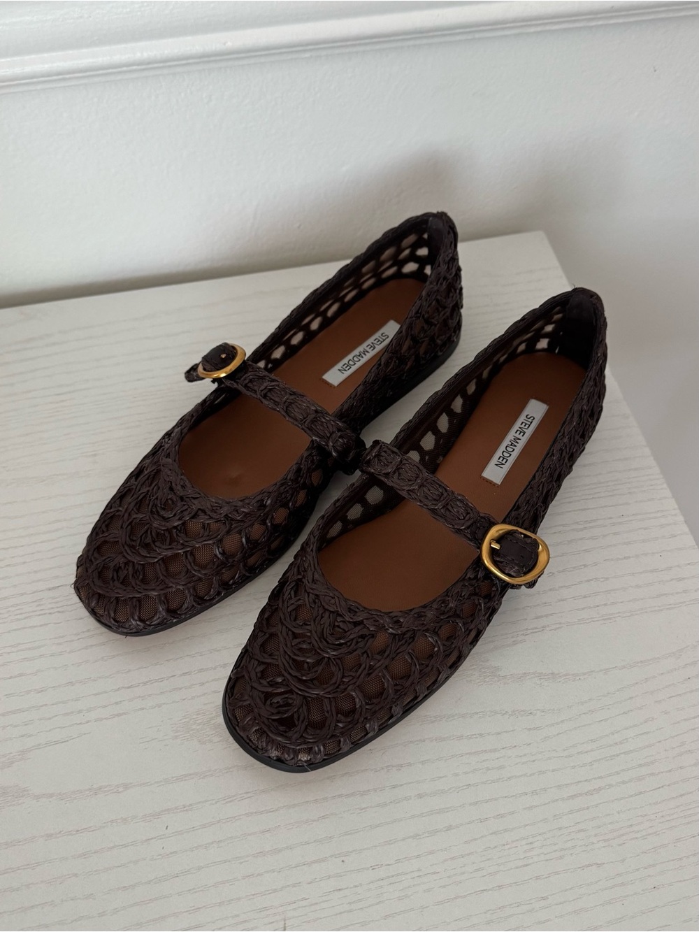 Steve Madden Dark Brown Woven Mary Jane Flats with Gold Buckle - Picture 4 of 6